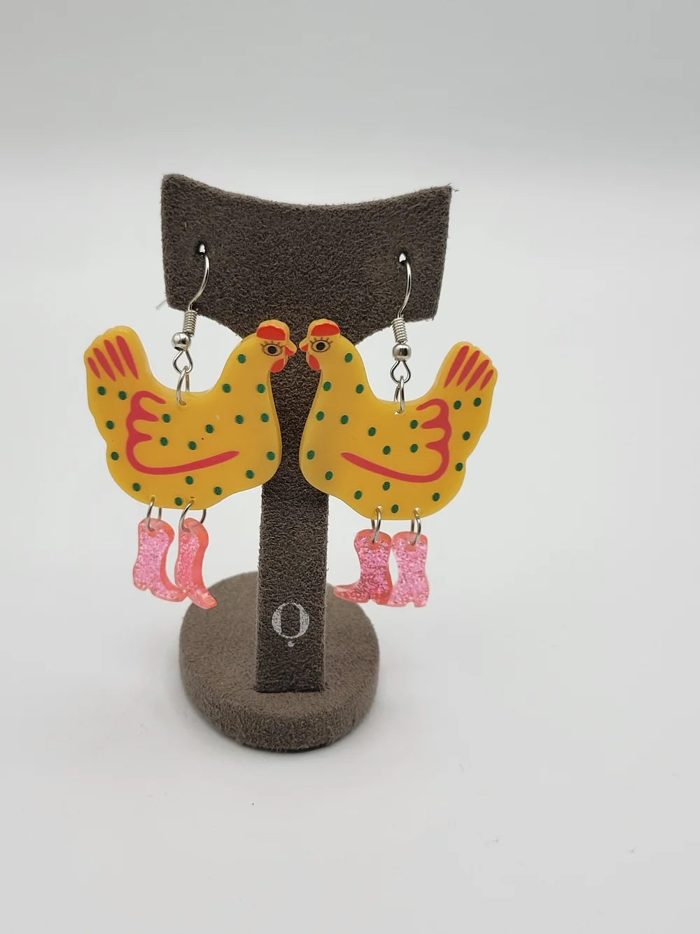 Funny Funky Yellow pink Glitter Chicken Dangle earrings - Picture 3 of 8